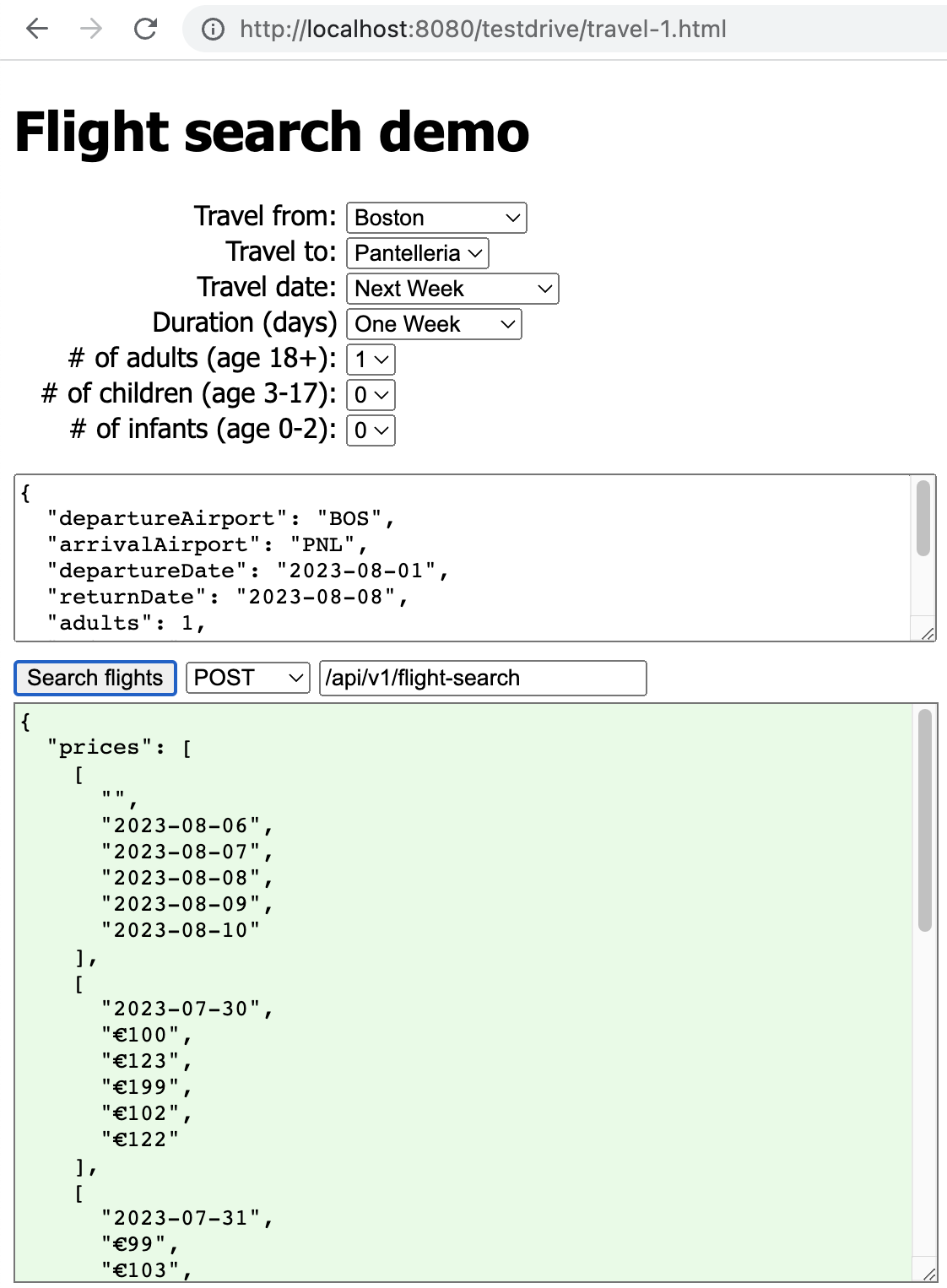 The same page, now showing part of a complex JSON response