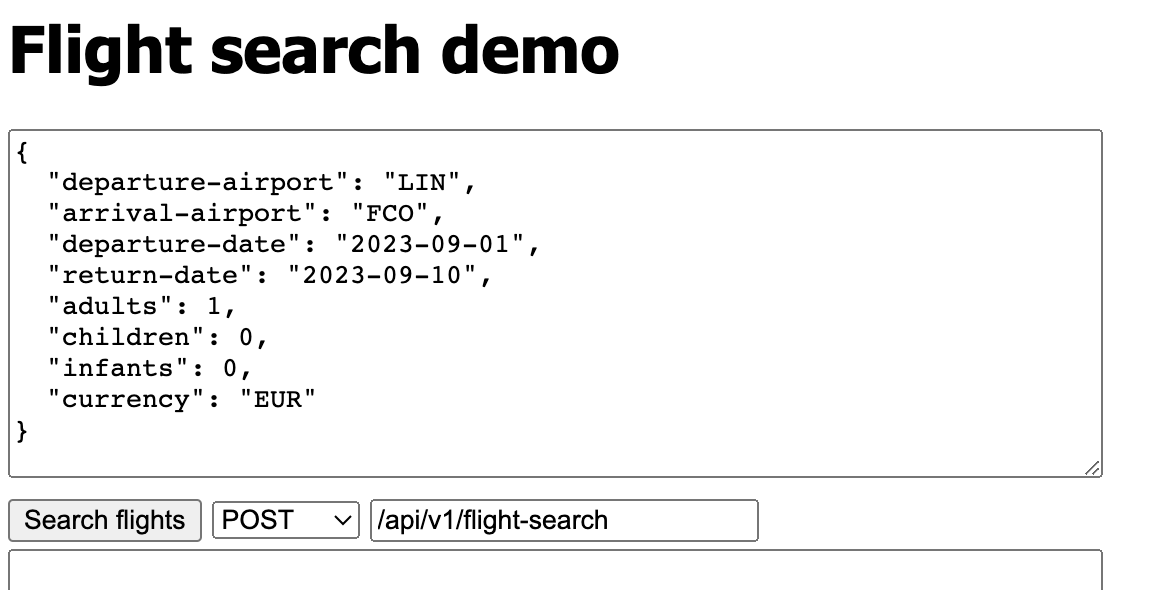 A screenshot of another demo page, for a fictitious flight search API, with a more complicated payload